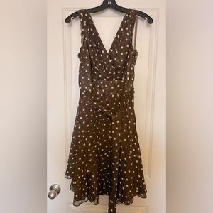 White House Black Market dress, mocha brown with white polka dots. Size 10.